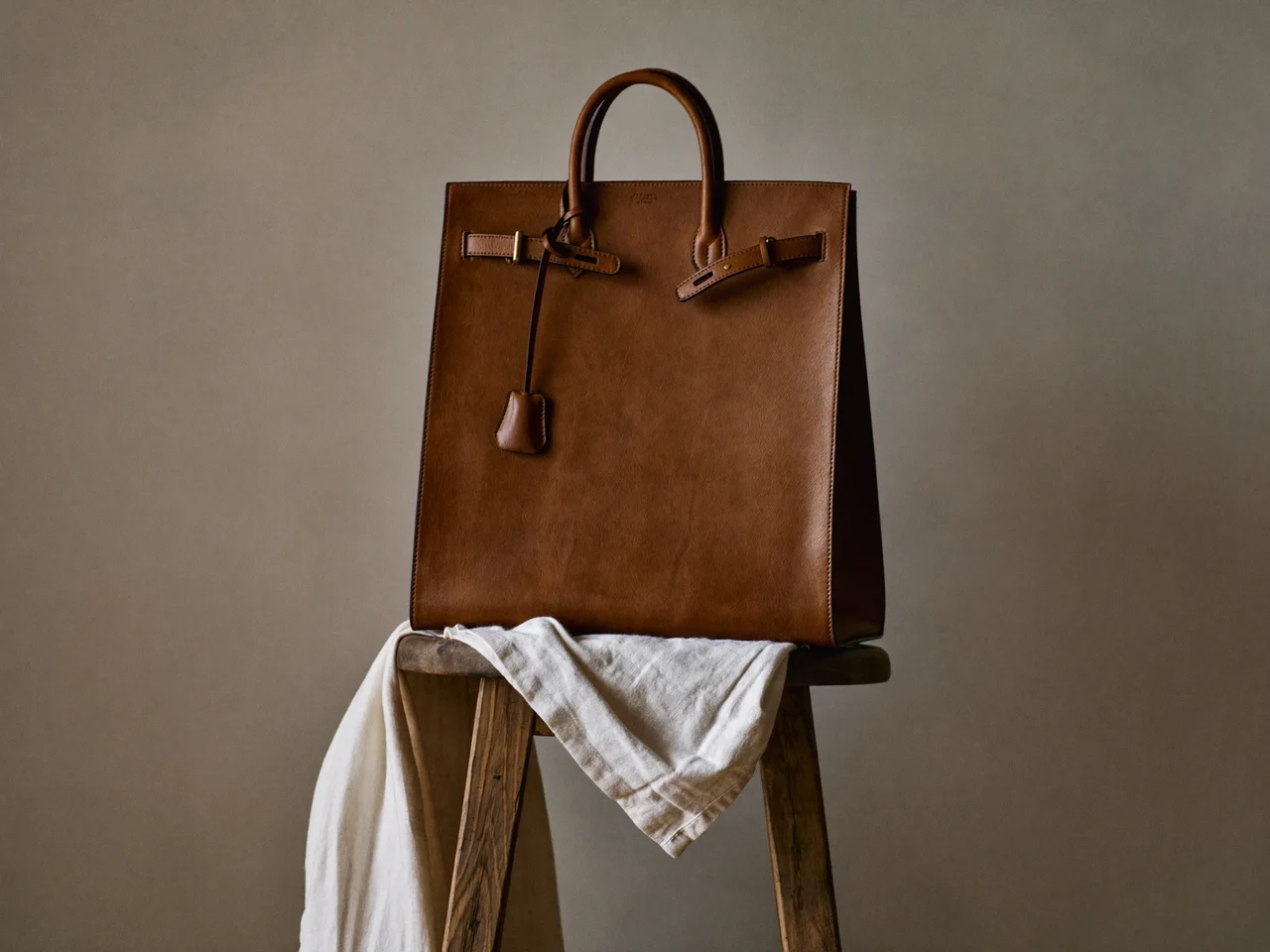 Tote strutturata cognac su sgabello in legno, con cuciture e rivetti in ottone