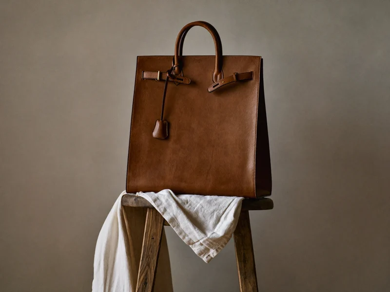 Tote strutturata cognac su sgabello in legno, con cuciture e rivetti in ottone